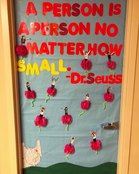 Dr. Seuss classroom door! A person is a person no matter how small ♥️💙 Dr Seuss Classroom Door, Room Door Ideas, Dutch Doors Diy, Small Closet Door Ideas, Spring Classroom Door, Hanging Sliding Doors, Door Bulletin Boards, Contemporary Garage Doors, Craftsman Front Doors