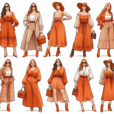 Orange And Brown Outfit, Classy Outfits Plus Size, Outfits Lookbook, Apple Shape Outfits, Orange Outfits, Dresses For Apple Shape, Fashion Show Poster, Fashion Drawing Sketches, Pear Body Shape