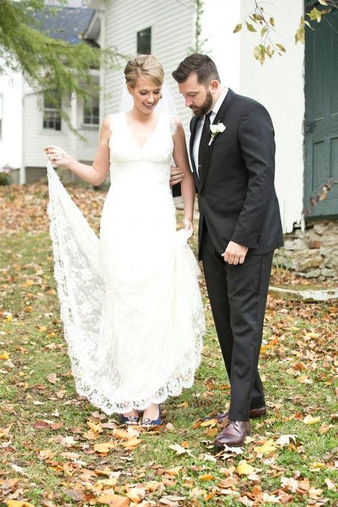 Love & Faith, wedding day, first look, bride and groom, wedding gown, wedding dress, bridal gown, blue shoes, lace, beads, sheath, black tux, tuxedo, black tie, brown shoes, blessed, happy Gown Blue, Tuxedo Black, Black Tux, Brown Shoes, Gown Wedding, Shoes Lace, Brown Shoe, Gown Wedding Dress, Bridal Gown