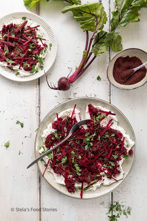 You have to try this creamy labneh spread with a refreshing beetroot puree, sumac and fresh leaves of dill and parsley! So simple and so delicious! Beetroot Puree, Labneh Recipe, Savory Cheese, Food Stories, Red Wine Vinegar, So Delicious, Relish, Gluten Free Vegetarian, Beets