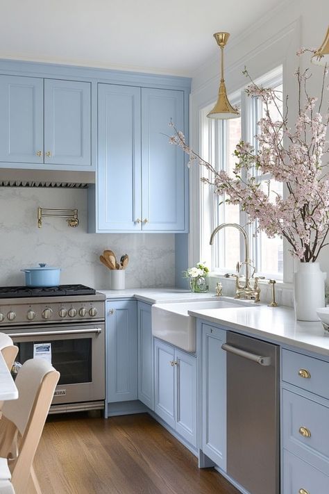 Bring softness to your kitchen with a pastel makeover. Choose soft shades of mint, baby blue, or blush pink for your cabinets or walls, and pair them with light countertops and wood accents. The result is a calming, charming space perfect for cooking and entertaining. 🍽️✨ Pink Kitchen Cabinets, Blue Countertops, Light Countertops, Blue Laundry Rooms, Light Blue Kitchens, Pastel Kitchen, Blue Kitchen Cabinets, Blue Kitchen, Pink Kitchen