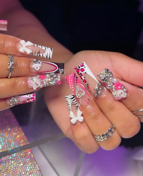 Hot Pink Junk Nails, Junk Nails Bling, Pink Junk Nails, Junk Nails, Punk Nails, Hard Nails, Long Acrylic Nail Designs, Colored Acrylic Nails, Girly Acrylic Nails