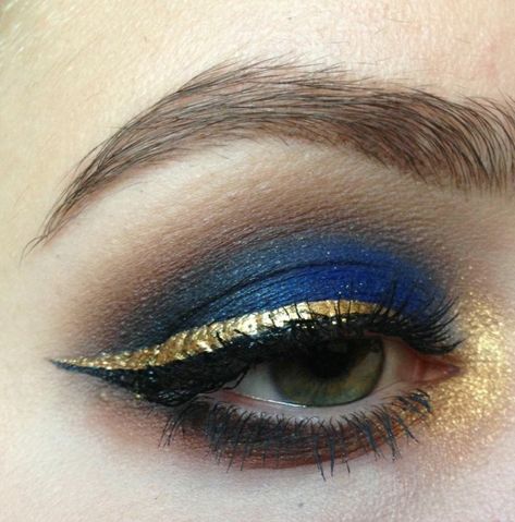 Dark Blue Gold Makeup, Gold And Navy Blue Makeup Looks, Navy And Gold Eyeshadow, Blue And Gold Cheer Makeup, Navy Gold Eye Makeup, Dark Blue And Gold Eye Makeup, Gold Blue Eye Makeup, Navy And Gold Eye Makeup, Gold Blue Eyeshadow