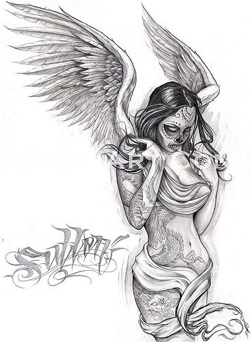 Tattoo Art/Underground Art - Fallen Angel by Ryan Smith by Art Connect, via Flickr Fallen Angel Tattoo, Art Chicano, Catrina Tattoo, Skull Girl Tattoo, Angel Tattoos, Graffiti Tattoo, Chicano Tattoos, Underground Art, Desenho Tattoo