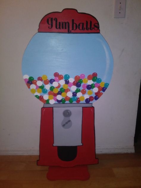 Wooden gumball machine party prop made by Margaret Lewis Cardboard Gumball Machine, Gumball Machine Party, Prop Making, 29th Birthday, Gumball Machine, Diy Cardboard, Party Props, Candy Land, Wooden Art