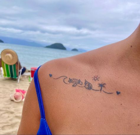 Beach Collar Bone Tattoo, Beach Aesthetic Tattoo Ideas, Beach Idea Tattoos, Tattoos To Get At The Beach, Forearm Beach Tattoo Women, Beach Girl Tattoo Ideas, Tattoo Ideas Female Beach, Best Friend Beach Tattoos, Beach Tatoos Ideas