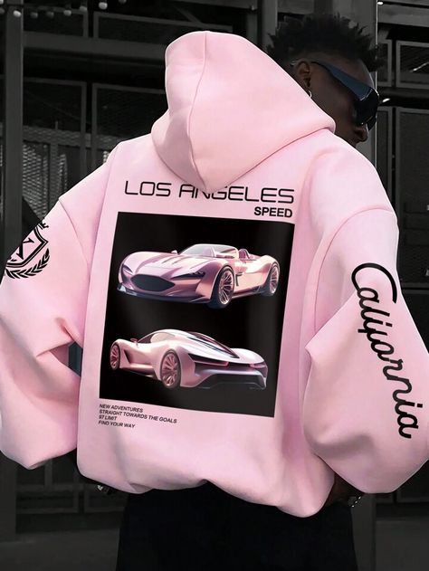 Men's Car Pattern Hooded Sweatshirt With Long Sleeves | SHEIN USA Trendy Pink Hooded Jacket For Streetwear, Trendy Pink Hoodie With Pockets, Pink Hooded Jacket With Pockets For Streetwear, Pink Urban Hoodie With Letter Print, Urban Pink Hoodie With Letter Print, Colourful Clothing, Hoodies Womens Fashion, Letter Print Hoodie, Winter Outfits Men