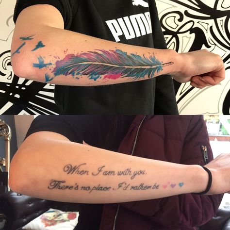 Tattoo Cover Up Words Before And After, Script Cover Up Tattoo, Word Tattoo Cover Up Ideas, Word Cover Up Tattoo, Cover Up Tattoos Before And After, Homemade Tattoos, Tattoo Culture, Meaningful Tattoo Quotes, Tattoo Parlor