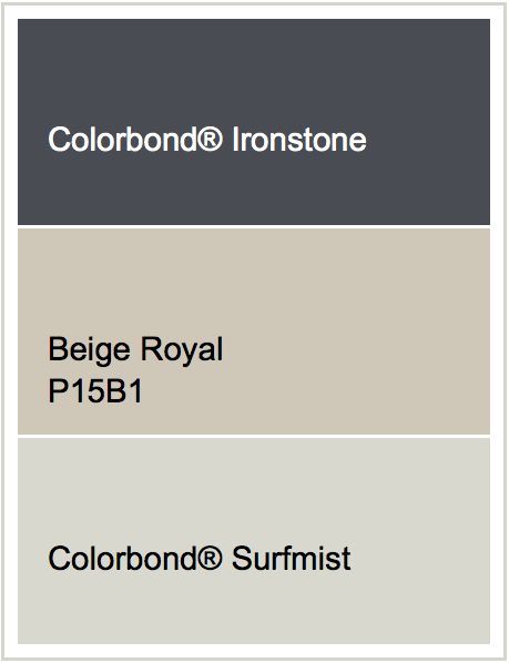 Roof - Ironstone |  Render - Beige Royal  |  Windows - Surfmist Beige Royal Exterior, Ironstone Roof Colour Schemes, Surfmist Roof Colour Schemes, Surfmist Exterior Colour Schemes, Rendered Facade, Dulux Exterior Colours, House Render, Grey Exterior House Colors, Exterior Render