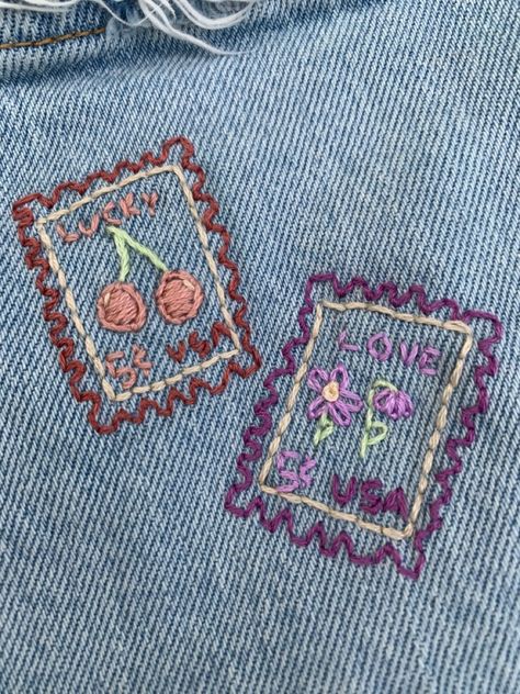 Embroidered Postage Stamp, Denim Pocket Embroidery Design, Embroidery Designs Shirt Women, Postage Stamp Embroidery, Things To Make With Old Clothes, Cool Things To Embroider, Embroidery Inspo Aesthetic, Funky Embroidery Designs, Denim Embroidery Ideas