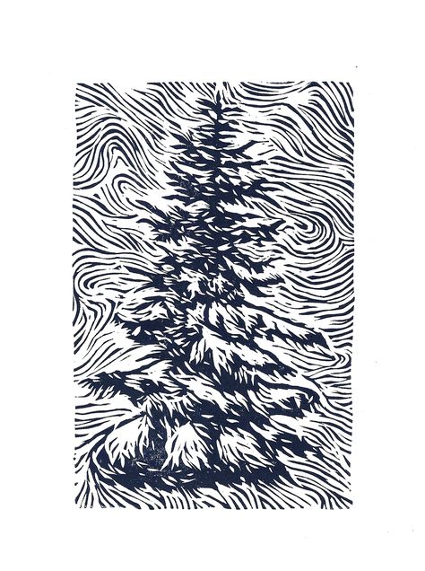 Linocut handmade mini print "X-mas tree"  with a vibrant visual effect. Mishima Pottery, Tree Linocut, Retro Painting, Lino Cuts, Lino Art, Scratch Art, Linocut Art, Sgraffito, Plant Art