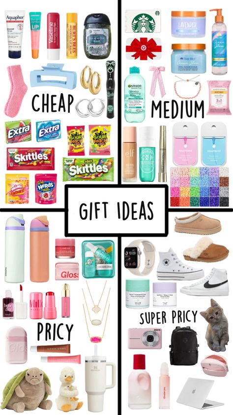 Cheap - $0 to $9    Medium - $10 to around $19    Pricy - $20 to around $49    Super Pricy - $50 and up Sour Skittles, Preppy Things, Preppy Gifts, School Bag Essentials, Cool Gifts For Teens, Cute Birthday Ideas, Cute Gifts For Friends, Christmas Collage, Cheap Christmas Gifts