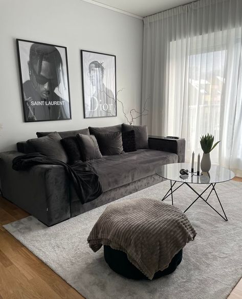 Sofa Aesthetic Dark, House Decor Black And Grey, Living Room Decor Dark Sofa, Apartment Living Room Black And White, Grey Couch Black Rug, Dark Living Room Ideas Apartment, Dark Gray And White Living Room, Small Living Room Ideas Apartment Cozy Dark, Dark Grey Apartment Aesthetic