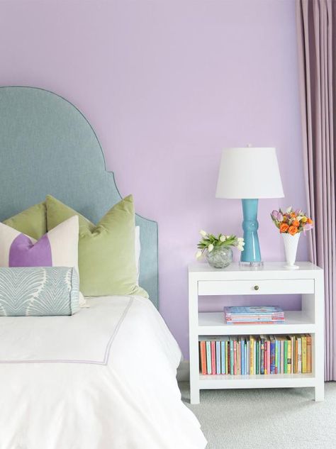 “I like my tiniest clients to have a say in their spaces, so purple walls and a teal headboard it was for this young girl’s room. Lilac is a great shade for a kid because it’s youthful now, but it’s sophisticated enough to grow with her.” — Laura Ellis Barnes, @houseof_barnes, Tulsa, OK Black And White Bedding, Pastel Paint Colors, Wicker Table And Chairs, Pastel Paint, Warm Paint Colors, Shade Ideas, Dark Grey Paint, Beige Paint, Hgtv Magazine