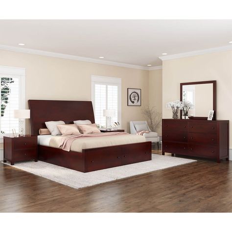 Organizing the best furniture layout for your bedrooms is important when you want to create a statement worthy ambiance. Now you can make your bedrooms the height of deluxe with our Petros Transitional 4 Piece Bedroom Set. Featuring an amazing vintage contemporary aesthetic, this collection balance out both the traditional as well as the modern ends of the visual spectrum. Consisting of a trendy platform bed with a stylishly tall headboard and two deep-dive storage drawers at the footboard, the Transitional Style Bedroom, Full Size Bedroom Sets, King Size Bedroom, Beautiful Bed Designs, Unique Dresser, Queen Sized Bedroom Sets, King Size Bedroom Sets, Queen Sized Bedroom, King Sized Bedroom