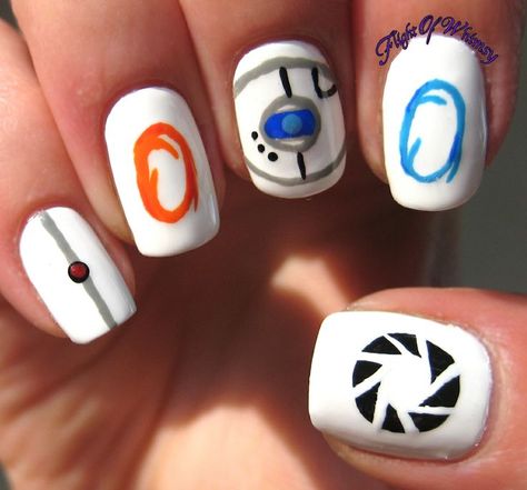 Omg I'm geeking out right now. I so want these awesome Portal nails! Portal Nails, Gaming Nails, Gamer Nails, Nerd Nails, Game Nails, Geeky Nails, Nerdy Nails, Split Nails, Gamer Stuff