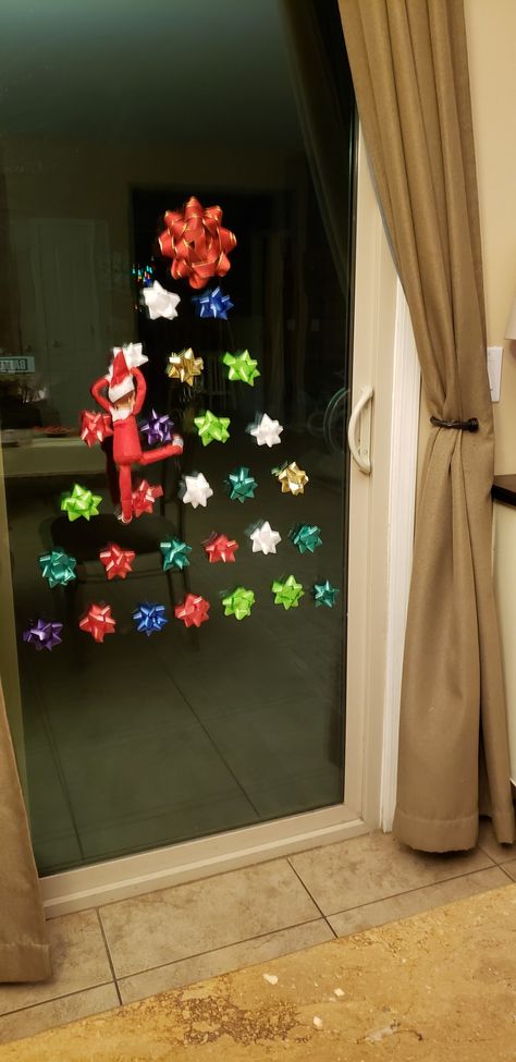 Elf On The Shelf Bow Ideas, Elf On The Shelf Bows, Final Elf On The Shelf Ideas, Christmas Tree Elf On The Shelf, Elf On The Shelf Rock Climbing, Elf On The Shelf Christmas Tree, Elf On The Shelf Climbing, Elf On The Shelf Zipline, Shelf Christmas Tree