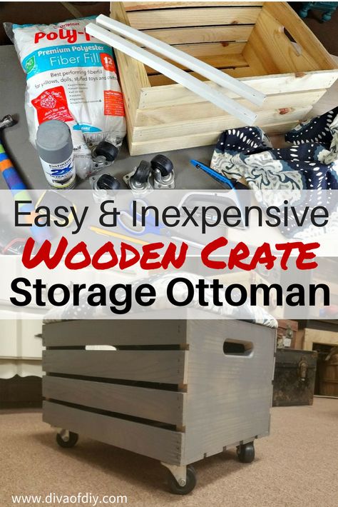 Crate Ottoman, Crate Shelves Diy, Diy Storage Ottoman, Crate Crafts, Diy Wooden Crate, Diy Ottoman, Crate Shelves, Inexpensive Home Decor, Crate Storage