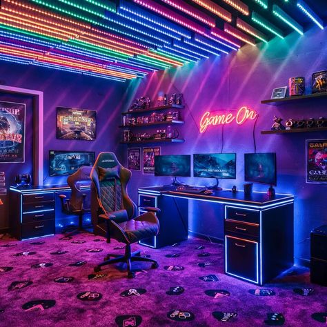 A visually striking and immersive gamer's room interior design illuminated by a dynamic array of LED lights. The room features a large, comfortable gaming chair with a built-in light show, a sleek gaming desk with a light-up surface, and multiple monitors in various sizes. The walls are adorned with custom-printed game posters and shelves filled with gaming collectibles. The floor is covered in plush carpeting with a pattern of game controller icons. A neon sign reading "Game On" hangs above. Sala Gamer, Game Room Ideas, Game Posters, Setup Gamer, Game Room Basement, Teen Boy Room, Light Games, Game Streaming, Gaming Room Setup