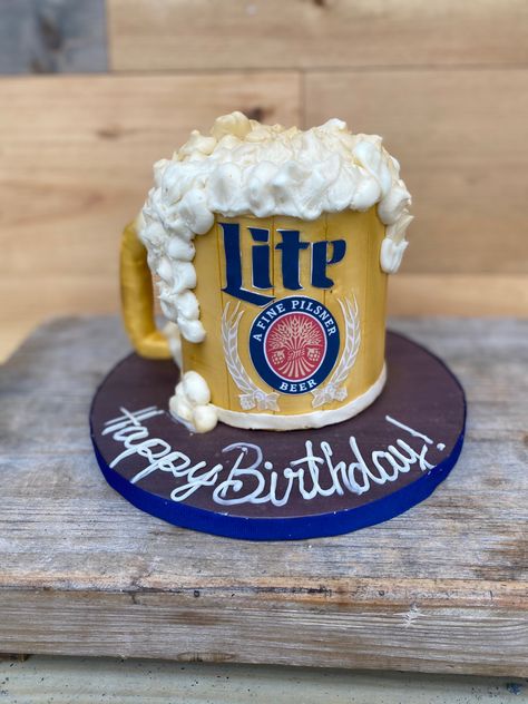 Miller Light Cake, Miller Lite Beer Cake, Miller Lite Cake, 80th Birthday Cake For Men, Beer Cakes, Beer Cookies, Beer Mug Cake, 40th Birthday Themes, 80 Birthday Cake