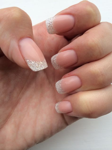 Grey Sparkle French Tip Nails, Sparkly French Tip Gel Nails, French Manicure With Sparkles Glitter, White Sparkle Tip Nails, French With Sparkle Line, French Tip Sliver Nails, French Nails Sparkle Tips, French Nail Sparkle, Silver Sparkle Tips Nails