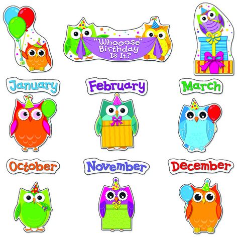 COLORFUL OWLS BIRTHDAY BB SET Owl Bulletin Boards, Birthday Bulletin Board, Owl Room, Birthday Board Classroom, Owl Theme Classroom, Owl Classroom, Birthday Bulletin Boards, Birthday Bulletin, Carson Dellosa