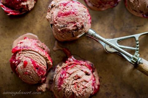 Chocolate Chocolate-Chunk Raspberry Swirl Ice Cream - Saving Room for Dessert Raspberry Truffle, Swirl Ice Cream, Dark Chocolate Raspberry, Dark Chocolate Ice Cream, Raspberry Ice Cream, Chocolate Custard, Ice Cream Containers, Ice Cream Base, Ice Cream At Home