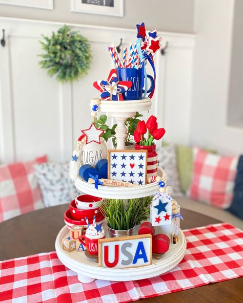 4th Of July Tiered Tray Decor, Patriotic Tiered Tray Decor, Patriotic Tiered Tray, Fourth Of July Decor, White Shiplap, Wooden Bead Garland, American Pie, Wood Bead Garland, Tiered Trays