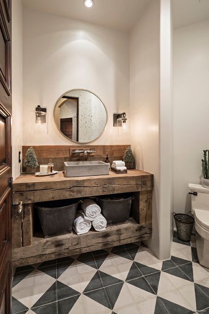 Invergordon Remodel - Rustic - Bathroom - Phoenix - by AFT Construction | Houzz Tiled Vanity Backsplash, Rustic Vessel Sink Vanity, Reclaimed Vanity Bathroom, Wood Backsplash Bathroom, Reclaimed Wood Vanity Bathroom, Wood Counter Bathroom, Concrete And Wood Bathroom, Ranch Bathroom, Reclaimed Wood Bathroom