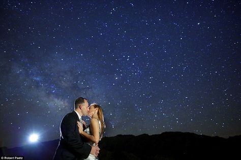 Star-crossed lovers: This couple marked their engagement with a stunning picture captured against a night sky studded with thousands of stars Night Engagement Photos, Night Landscape Photography, Night Sky Photography, Night Couple, Popular Photography, Night Landscape, Romantic Photos, Starry Night Sky, Photo Poses For Couples