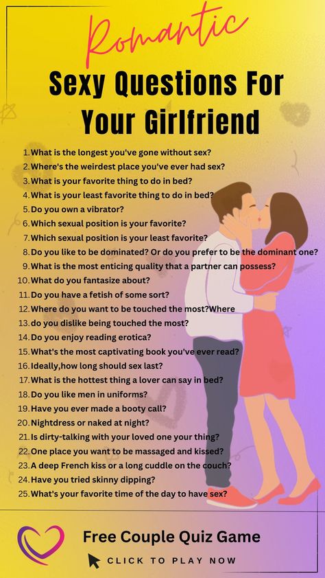 110  Excellent Hot Seat Questions For Couples Romantic Questions For Girlfriend, Flirty Questions To Ask Your Girlfriend, Games To Play With Girlfriend, Questions For Your Girlfriend, Dirty Questions To Ask Your Girlfriend, Girlfriend Questions, Text Conversation Starters, Relationship Quiz, Pick Up Line Jokes