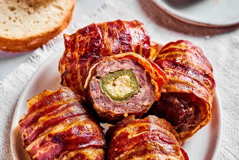 Armadillo Eggs - Easy Baked Version Jalapenos Wrapped In Bacon, Armadillo Eggs Recipe, Armadillo Eggs, Sausage And Bacon, Stuffed Jalapenos, Bacon Wrapped Jalapenos, Texas Bbq, Football Party Food, Recipes Appetizers And Snacks