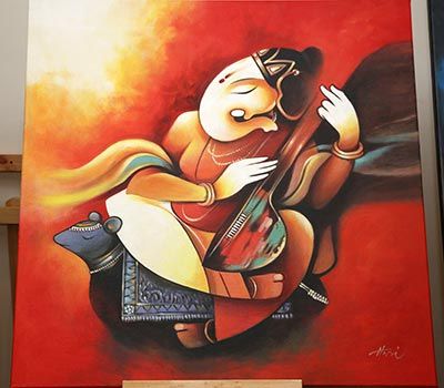 Zest Art Show - Exhibition of Paintings at Taj Deccan Ganesha Art Illustration, Ganesh Art Paintings, Modern Art Canvas Painting, Kerala Mural Painting, Ganesh Art, Lord Ganesha Paintings, Indian Painting, Ganesha Painting, Ganesha Art