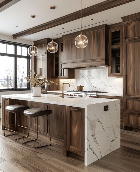 Kitchen Ideas Walnut Cabinets, Black Walnut Cabinets Kitchens, Countertops With Walnut Cabinets, Brown And Tan Kitchen, Kitchen Design Light Wood, Dark Wood Cabinets Kitchen, Black Walnut Kitchen, Modern Walnut Kitchen, Hunter Decor