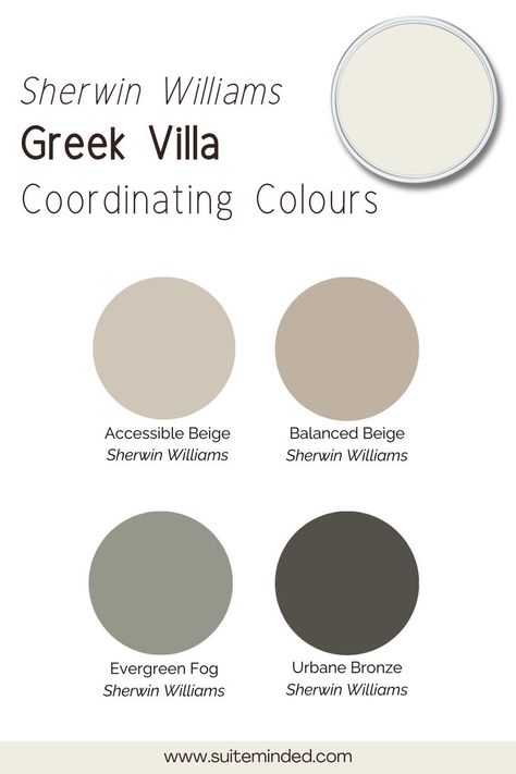 Being a warm rather bright white, Greek Villa is quite versatile and can be paired with many colours. For a soft, neutral look, pair it with warm greige or beige tones, like Sherwin Williams Accessible Beige SW 7036 or Balanced Beige SW 7037. For more contrast, deep, rich colors like Sherwin Williams Urbane Bronze SW 7048 make a striking pair with Greek Villa. For a pop of colour, try pairing Greek Villa with muted blues and greens like Sherwin Williams Sea Salt SW 6204 or Evergreen Fog SW 9130. Balanced Beige Sherwin Williams, Accessible Beige Sw, Sherwin Williams Urbane Bronze, Urbane Bronze Sherwin Williams, Sherwin Williams Accessible Beige, Greek Villa Sherwin Williams, Evergreen Fog, Greek Villa, Balanced Beige