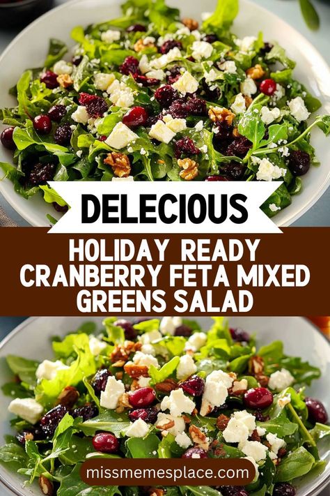 Get ready for the holidays with this delicious Cranberry Feta Mixed Greens Salad! Combining the crunch of fresh greens with the sweetness of cranberries and the creaminess of feta, this salad is both festive and nutritious. Perfect for holiday gatherings, it can be prepared ahead of time and served with ease. Enhance your seasonal celebrations with this flavorful dish that not only nourishes your body but also delights your palate. Make this salad a staple on your holiday menu! Lettuce Feta Salad, Fall Mixed Green Salad, Green Salad With Apples And Cranberries, Green Salad With Feta Cheese, Winter Salads Easy, Craisin Salad Recipes, Spinach And Cranberry Salad, Cranberry Pecan Salad With Feta Cheese, Spring Greens Salad Recipes