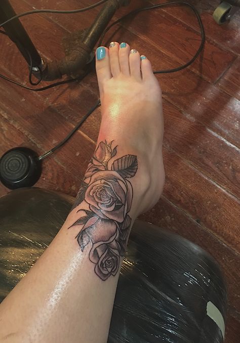 Roses Ankle Tattoos For Women, Roses Ankle Tattoo, Double Ankle Tattoo, Permanent Anklet Tattoo, Shin Tattoo Black Women, Leg Tattoos Women Ankle, Ankle Tattoos For Women Wrap Around Flowers, Baddie Ankle Tattoos, Rose Ankle Tattoo