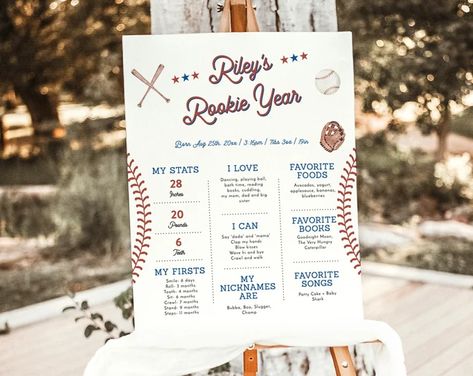 Rookie of the year first birthday - Etsy 1st Birthday Milestone Board, Baseball Graphics, Baby Stats Sign, Baseball Theme Birthday, Baseball First Birthday, Birthday Milestone Board, Milestone Board, Sports Birthday Party, Baseball Birthday Party