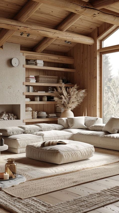 A spacious, light, and airy cabin living room with large windows offering a view of the forest. The room features a low, beige sectional sofa, a large woven rug, built-in wooden shelves filled with books and decor, and a vase of dried pampas grass for a natural touch. Black Brown Room, Scandinavian Cabin Interior, Beige Interiors, Living Room With Large Windows, Cabin Interior Ideas, Room With Large Windows, Wooden Cabin Interior, Scandinavian Cabin, Cabin Living Room