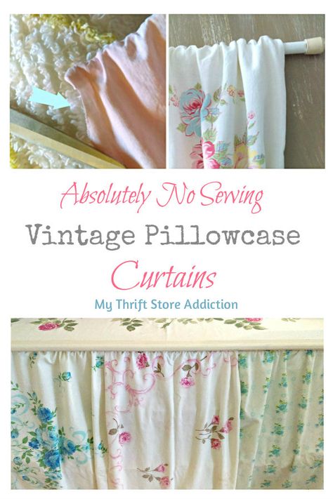 No sew vintage pillowcase curtains, a pretty solution for storage issues PIN: mythriftstoreaddiction.blogspot.com Pillowcase Curtains, Sewing Vintage, No Sew Curtains, Vintage Pillow Cases, Vintage Curtains, How To Make Curtains, Rod Pocket Curtains, Vintage Sheets, Diy Curtains