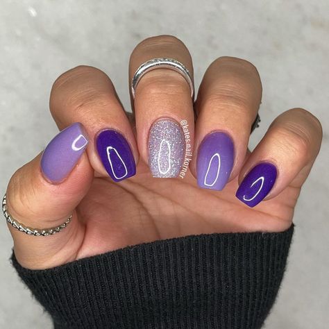 Lavender Mani Pedi, Purple Nail With Design, Lavender Dip Powder Nails Short, Purple Nail Inspo Acrylic Short, Purple Skittle Nails, Late February Nails Ideas, 3 Color Manicure Ideas, Purple Nail Dipping Powder, Purple Sns Nails Designs