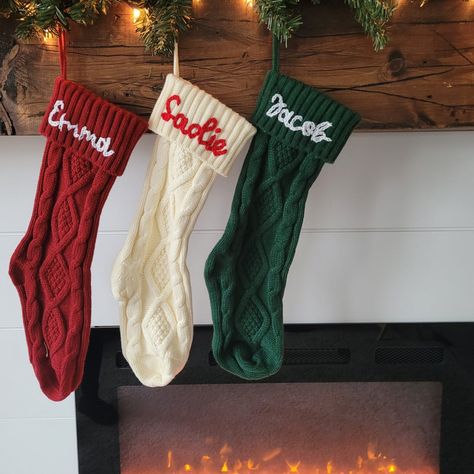 Hand Embroidered Christmas Stockings, Name Stocking, Family Knitted Personalized Christmas Stockings Stockings With Names, Embroidered Stockings, Christmas Gift For Family, Crochet Stocking, Crochet Christmas Stocking, Family Stockings, Small Christmas Gifts, Cute Stockings, Crochet Christmas Decorations