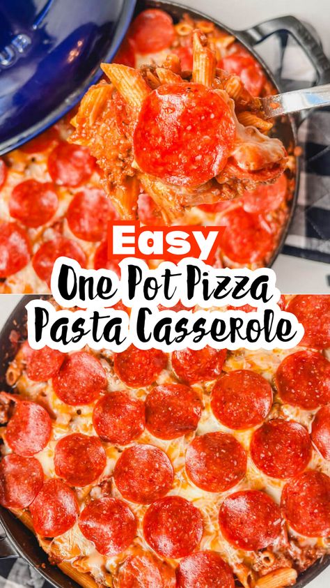 This One Pot Pizza Pasta Casserole Recipe is a 35 minute meal that you can make in one skillet! Cheesy penne pasta is tossed with both sausage and ground beef, and topped off with more cheese and pepperoni. Make this easy weeknight dinner with your favorite pizza toppings! #onepotcasserole #onepotpizzapasta #onepotpasta #easyfamilydinner #familymealidea Cheesy Penne Pasta, Pizza Pasta Casserole Recipe, Caramalized Onions, Pizza Casserole Recipe, Pizza Pasta Casserole, Pizza Pasta Recipe, Pizza Pasta Bake, Leftover Pizza, Pot Lasagna