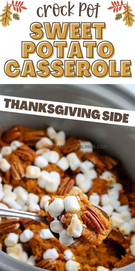 Crock Pot Sweet Potato Casserole  for Thanksgiving Pinterest pin. Easy Crockpot Sweet Potato Casserole, Crock Pot Sweet Potato Casserole, Canned Sweet Potato Casserole, Sweet Potato Casserole Crock Pot, Crock Pot Sweet Potatoes, Thanksgiving Food Crafts, Sweet Potato Casserole Easy, Slow Cooker Sweet Potatoes, Potluck Side Dishes