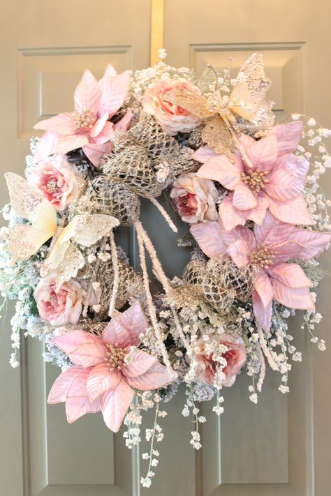 The Glitter Box is pleased to offer this absolutely stunning flocked and glittered Shabby Chic Cottage Christmas Wreath that measures approximately 28 x 28".  I started with a green wreath and loaded it with beautiful frosted branches and berries, pink velvet poinsettias, beautiful designer romantic roses, white glitter sprays, champagne glittered ribbon and glittered butterflies.  This wreath is so dreamy! Pink Wreaths For Front Door Christmas, Pink Poinsettia Wreath, Witchy Room Aesthetic, Pink Shabby Chic Christmas, Shabby Wreath, Cottage Pink, Pink Christmas Wreath, Vintage Pink Christmas, Butterfly Wreath