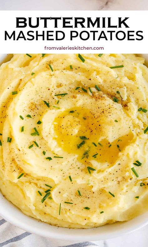 Yukon gold potatoes and buttermilk combine to create these rich and creamy Buttermilk Mashed Potatoes. Perfect for the holidays or any day! #mashedpotatoes #buttermilk #potatoes #sidedish #thanksgiving #christmas #holidaymenu Tasty Potato Recipes, Buttermilk Mashed Potatoes, Braised Pork Chops, Make Ahead Mashed Potatoes, Dishes Ideas, Gold Potatoes, Buttermilk Recipes, Making Mashed Potatoes, Onion Gravy