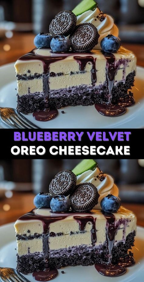 Delight your taste buds with this scrumptious blueberry velvet Oreo cheesecake recipe. Indulge in a creamy and decadent dessert that combines the rich flavors of blueberries and Oreos. Perfect for any occasion, this dessert is sure to impress your guests. Try making this easy and delicious recipe today! #blueberrycheesecake #Oreodessert #easyrecipe #decadentdessert Oreo Cheesecake Cake, Cheesecake Factory Cheesecake, Oreo Cheesecake Recipe, Oreo Cheesecake Recipes, Sweet Roll Recipe, Cafe Recipes, Cheesecake Lovers, Bakery Food, Food Deserts