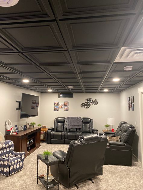 Basement Black Drop Ceiling, Basement With Black Ceiling Tiles, Black Basement Ceiling Tiles, Basement Ceiling Tile Ideas, Basement With Dark Ceiling, Drop In Ceiling Tile Ideas, Black And Brown Basement Ideas, Black Spray Foam Ceiling, Dark Drop Ceiling