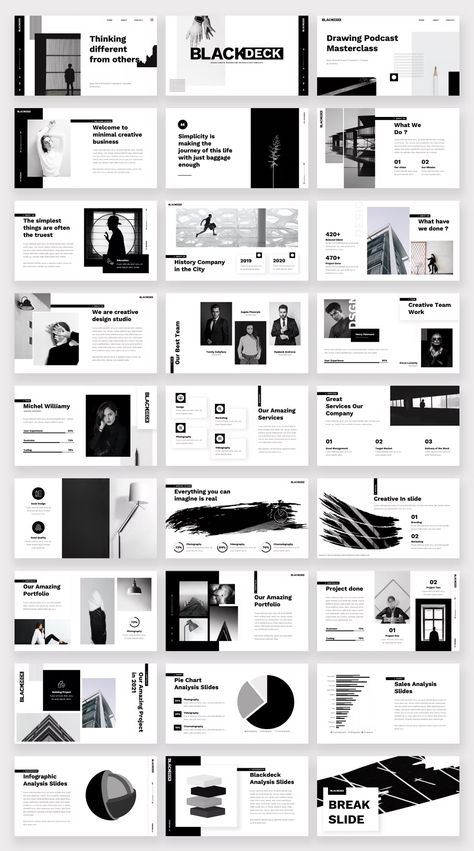 Black White Keynote Template. 40 Unique Slides. Portfolio Design Layout Black And White, Black And White Slides Presentation, Presentation Minimal Design, Black And White Layout Design, Black And White Powerpoint Template, Black And White Ppt Template, Modern Slide Design, Layout Design Black And White, Black And White Presentation Design