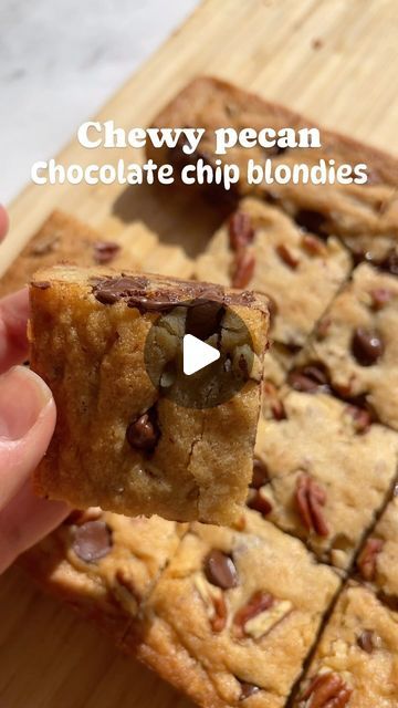 Chahinez tabet aoul on Instagram: "The easiest and chewiest pecan chocolate chip cookie bars or blondies! They’re made with a secret ingredient that keeps them extra chewy! 

Comment RECIPE and I’ll send it to you directly!!" Blondie Dessert, Pecan Chocolate, Chocolate Chip Pecan Cookies, Chocolate Chip Cookie Bars, Choco Chips, Secret Ingredient, Chocolate Chip Cookie, Send It, Cookie Bars